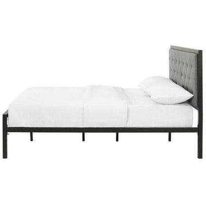 Full Metal Platform Bed with Grey Upholstered Button Tufted Fabric Headboard - FurniFindUSA