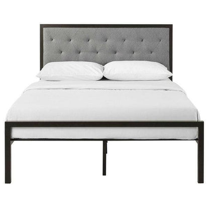 Full Metal Platform Bed with Grey Upholstered Button Tufted Fabric Headboard - FurniFindUSA