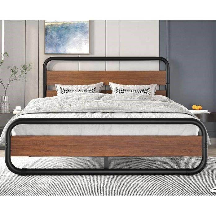 Full Heavy Duty Industrial Modern Metal Wood Platform Bed Frame with Headboard - FurniFindUSA