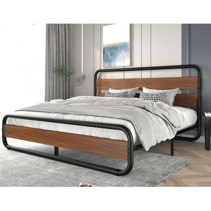 Full Heavy Duty Industrial Modern Metal Wood Platform Bed Frame with Headboard - FurniFindUSA