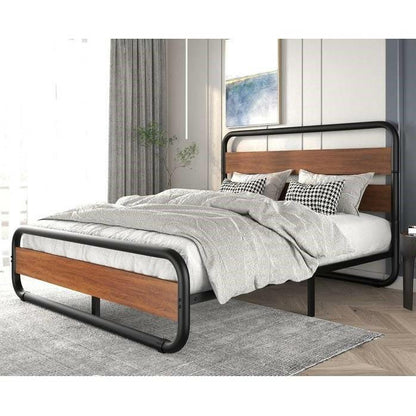 Full Heavy Duty Industrial Modern Metal Wood Platform Bed Frame with Headboard - FurniFindUSA