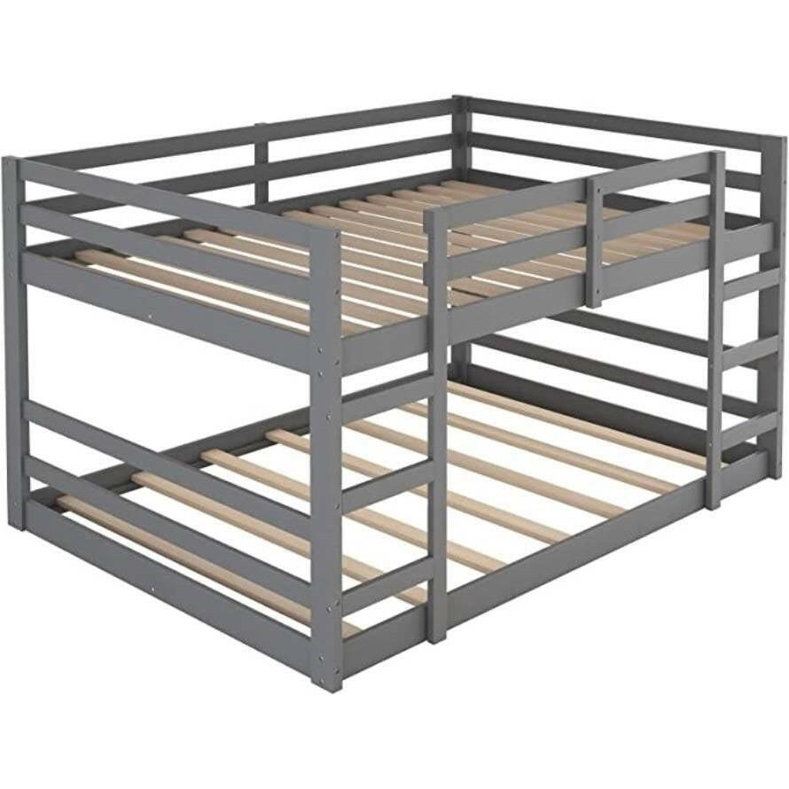 Full over Full Modern Low Profile Bunk Bed in Grey Wood Finish - FurniFindUSA