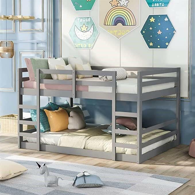 Full over Full Modern Low Profile Bunk Bed in Grey Wood Finish - FurniFindUSA