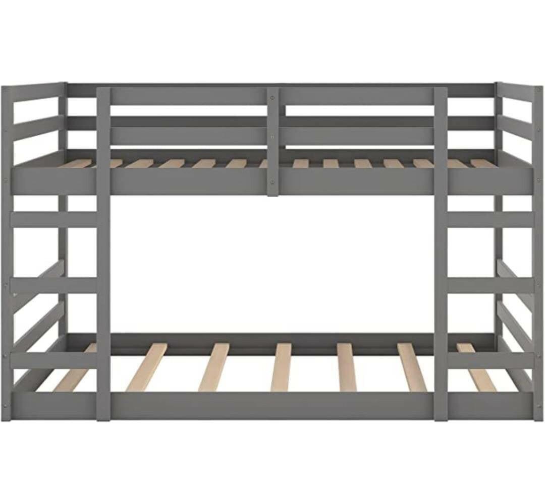 Full over Full Modern Low Profile Bunk Bed in Grey Wood Finish - FurniFindUSA