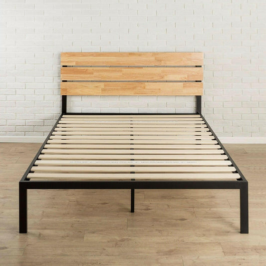 Full size Metal Platform Bed Frame with Wood Slats and Headboard - FurniFindUSA