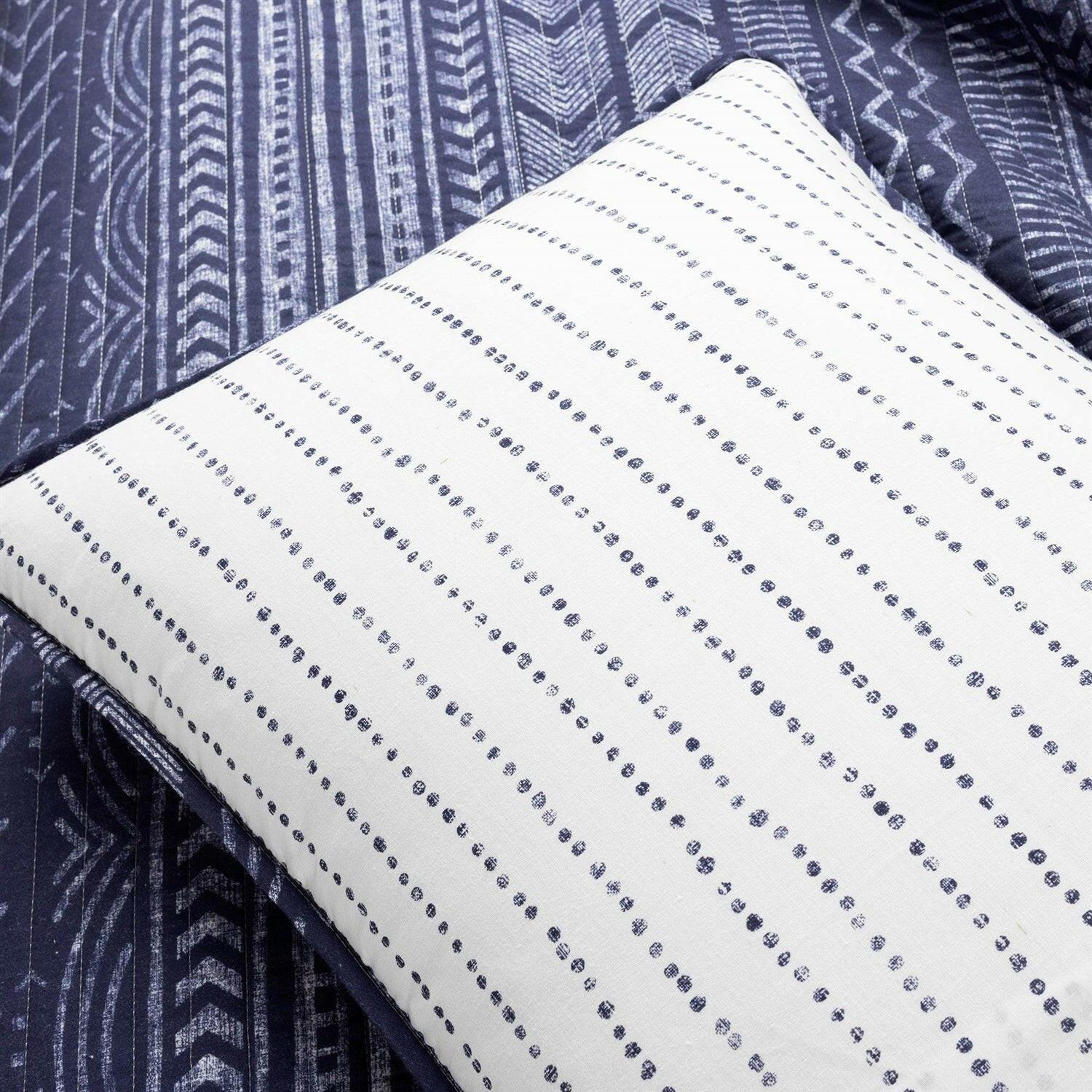 Full/Queen Scandinavian Chevron Navy Blue White Reversible Cotton Quilt Set - FurniFindUSA