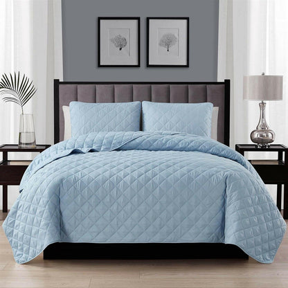 Full/Queen 3-Piece Light Blue Polyester Microfiber Reversible Diamond Quilt Set - FurniFindUSA