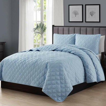 Full/Queen 3-Piece Light Blue Polyester Microfiber Reversible Diamond Quilt Set - FurniFindUSA