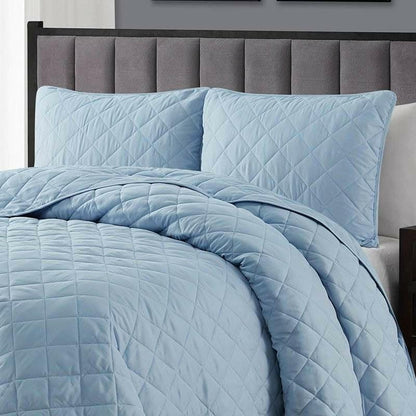 Full/Queen 3-Piece Light Blue Polyester Microfiber Reversible Diamond Quilt Set - FurniFindUSA