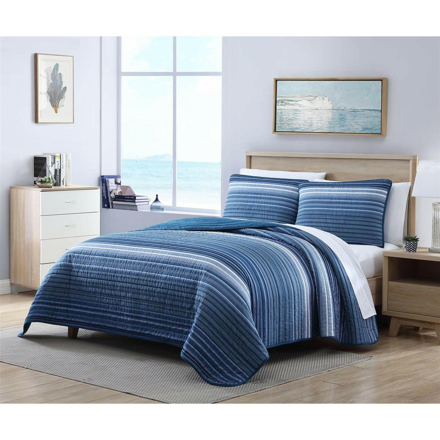 Full/Queen Size Coastal Blue Stripe Reversible Cotton Quilt Set - FurniFindUSA