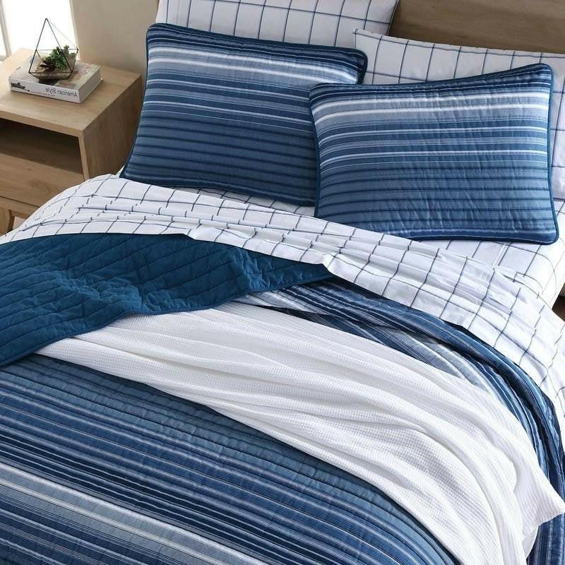 Full/Queen Size Coastal Blue Stripe Reversible Cotton Quilt Set - FurniFindUSA