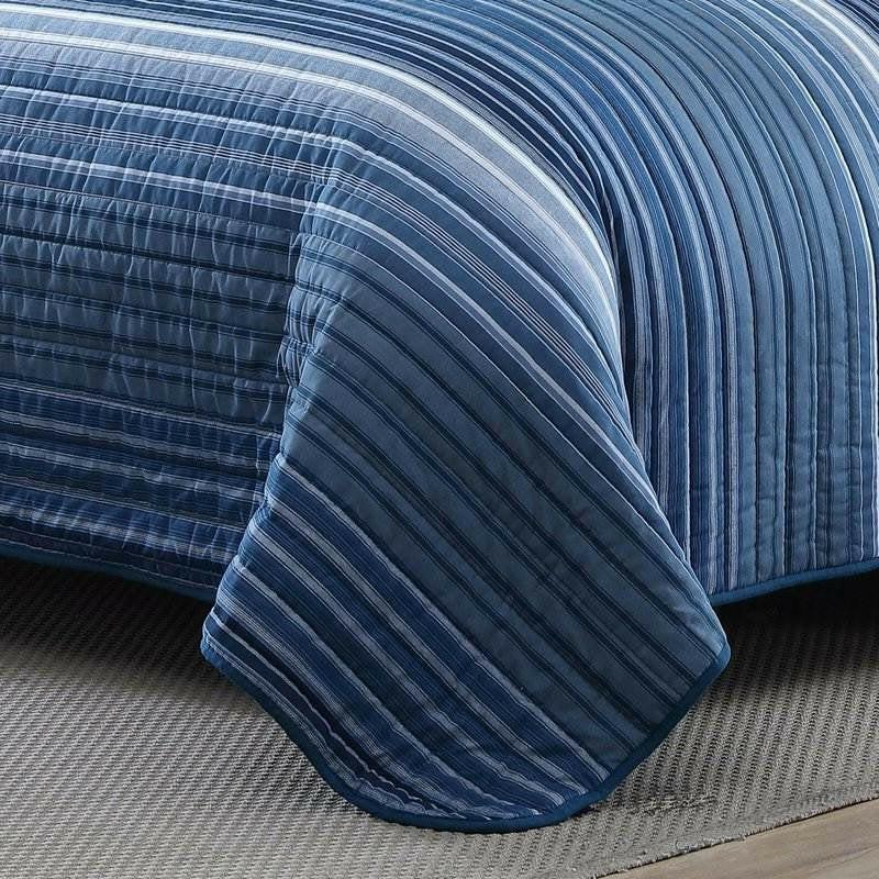 Full/Queen Size Coastal Blue Stripe Reversible Cotton Quilt Set - FurniFindUSA