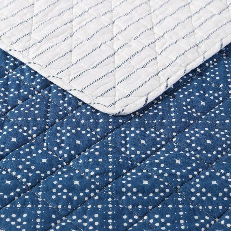 Full Queen Blue White Dots and Stripes 100-Percent Cotton Reversible Quilt Set - FurniFindUSA