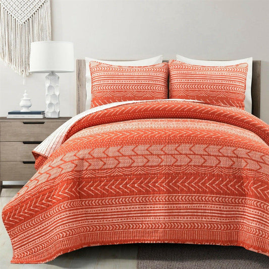 Full/Queen Scandinavian Chevron Orange White Stripe Reversible Cotton Quilt Set - FurniFindUSA