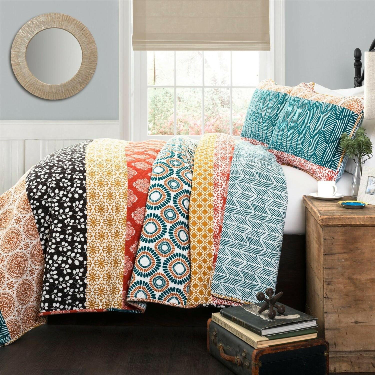 Full/Queen size Cotton 3 Piece Reversible Teal Orange Bohemian Stripe Quilt Set - FurniFindUSA