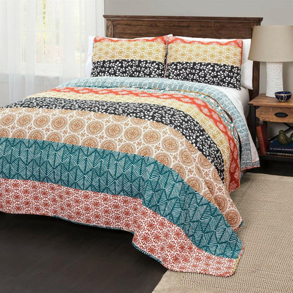 Full/Queen size Cotton 3 Piece Reversible Teal Orange Bohemian Stripe Quilt Set - FurniFindUSA