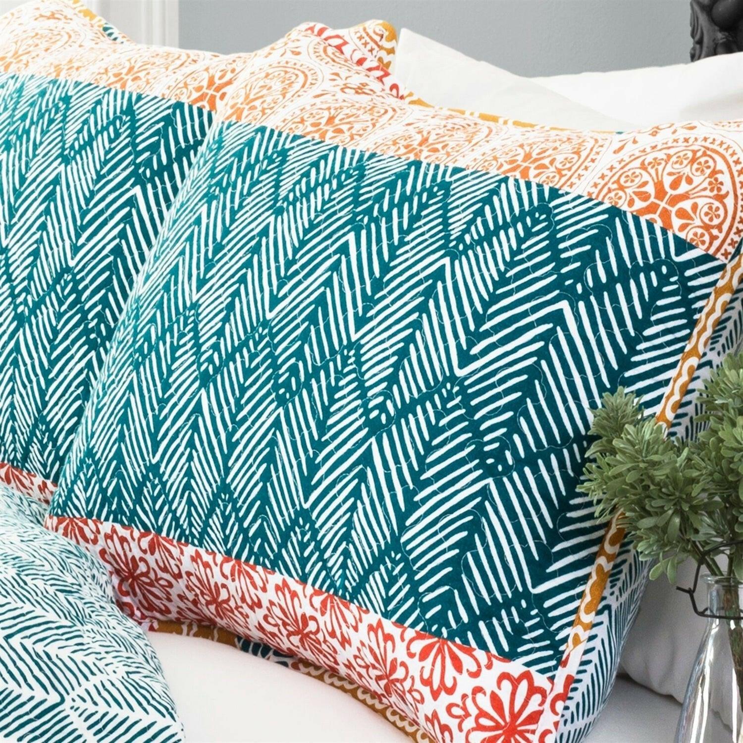 Full/Queen size Cotton 3 Piece Reversible Teal Orange Bohemian Stripe Quilt Set - FurniFindUSA