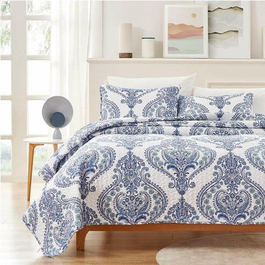 Full/Queen Size Soft Microfiber Reversible Blue/White Baroque Design Quilt Set - FurniFindUSA