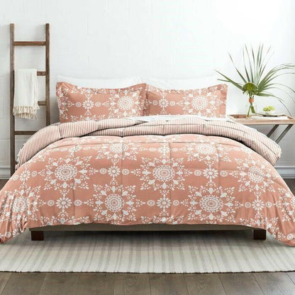 Full/Queen size 3-Piece Clay and White Reversible Floral Striped Comforter Set - FurniFindUSA