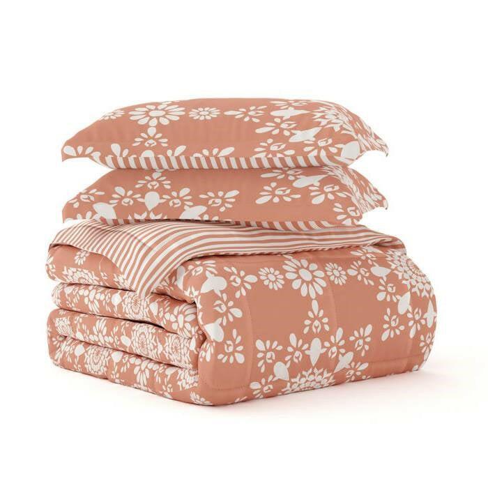 Full/Queen size 3-Piece Clay and White Reversible Floral Striped Comforter Set - FurniFindUSA