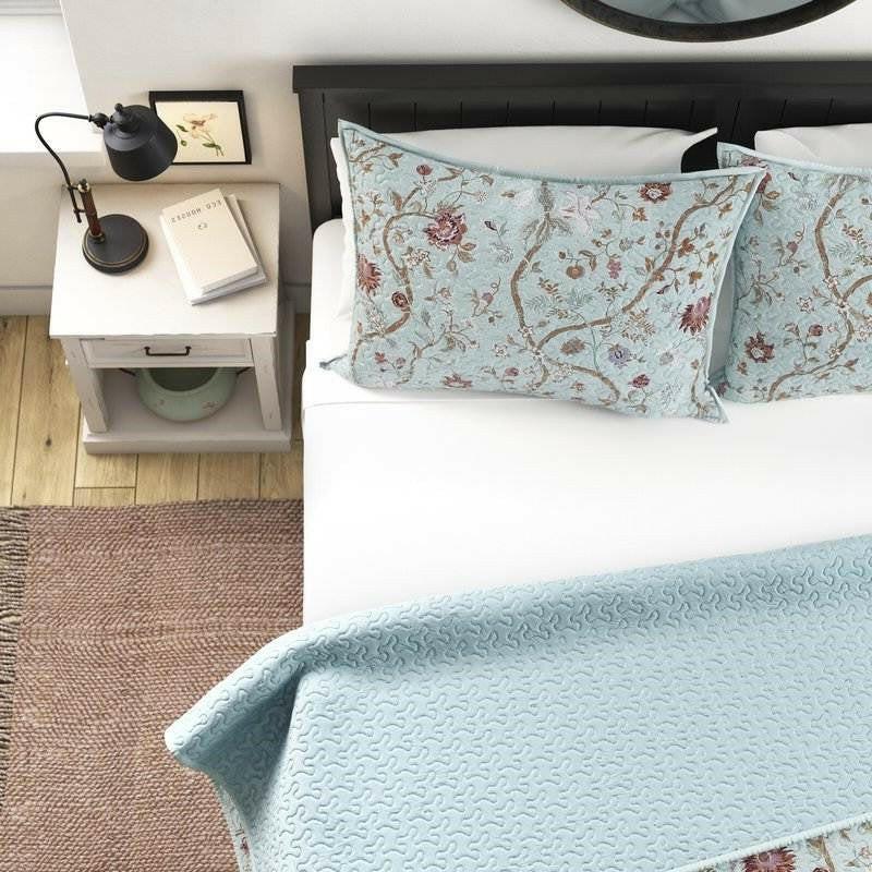 Full/Queen 3-Piece Farmhouse Blue Teal Floral Vines Cotton Reversible Quilt Set - FurniFindUSA