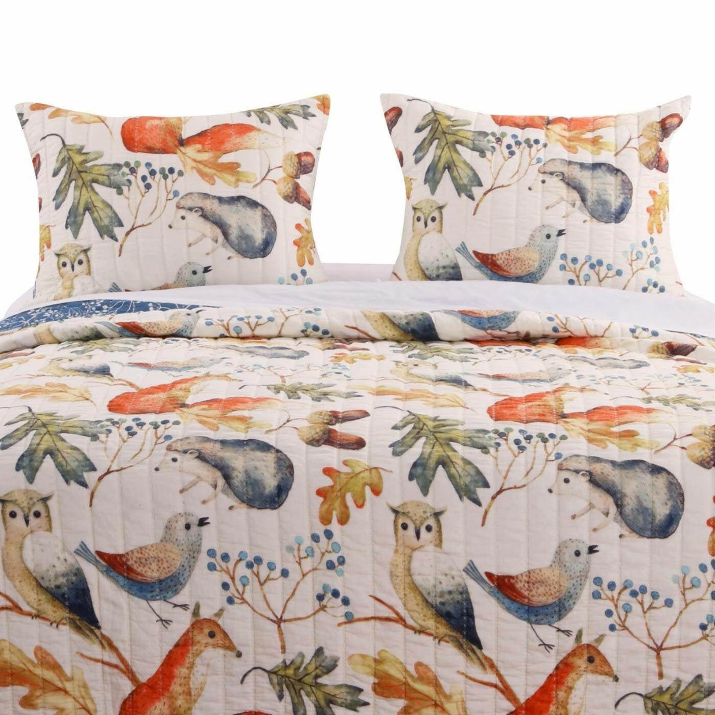 Full/Queen Blue Beige Birds Animals Floral Microfiber Reversible Quilt Set - FurniFindUSA