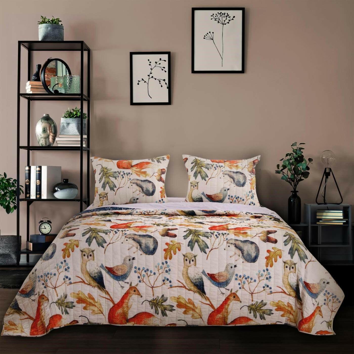 Full/Queen Blue Beige Birds Animals Floral Microfiber Reversible Quilt Set - FurniFindUSA