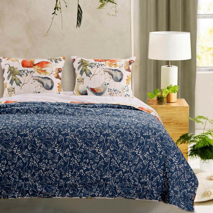 Full/Queen Blue Beige Birds Animals Floral Microfiber Reversible Quilt Set - FurniFindUSA