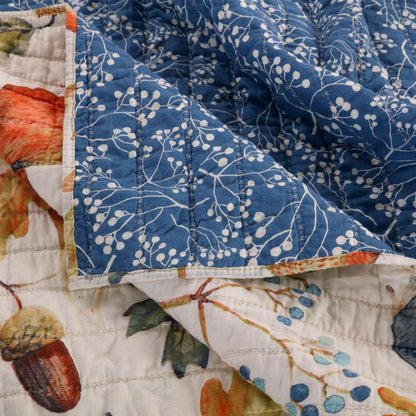 Full/Queen Blue Beige Birds Animals Floral Microfiber Reversible Quilt Set - FurniFindUSA