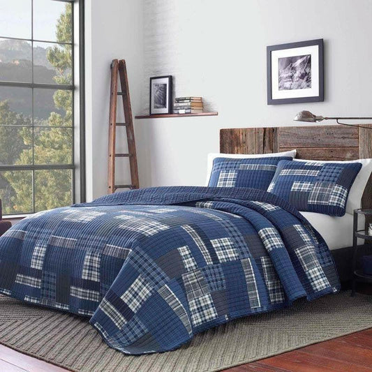 Full/Queen size 100-Percent Cotton Reversible 3 Piece Blue Patchwork Quilt Set - FurniFindUSA