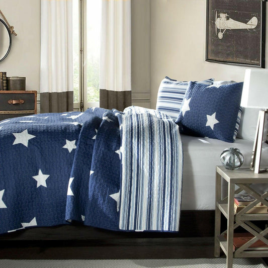 Full / Queen Navy Stars And Stripes At Night Quilt Coverlet Bedspread Set - FurniFindUSA