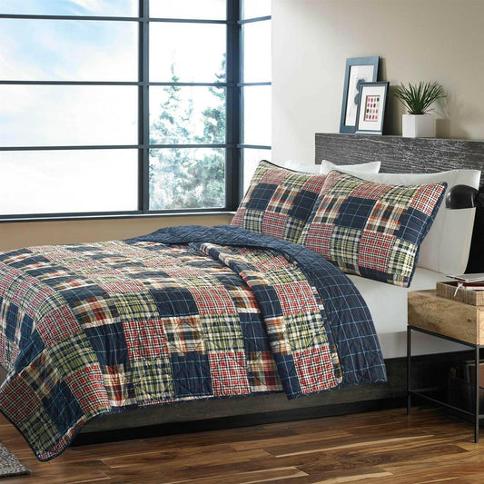 Full / Queen Farmhouse Red Navy Plaid 100-Percent Cotton Reversible Quilt Set - FurniFindUSA