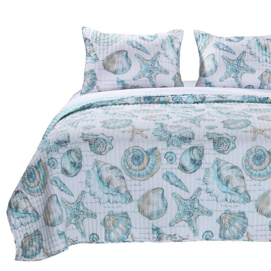 Full / Queen Coastal Seashells White Teal 3 Piece Polyester Reversible Quilt Set - FurniFindUSA