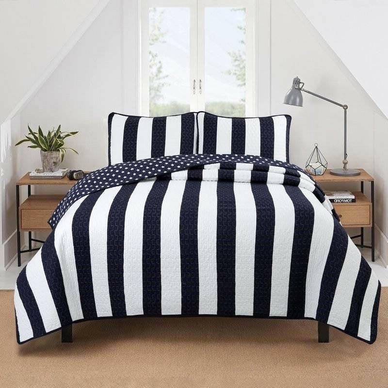 Full/Queen 3 Piece Navy Blue White Stars Stripes 100-Percent Cotton Quilt Set - FurniFindUSA