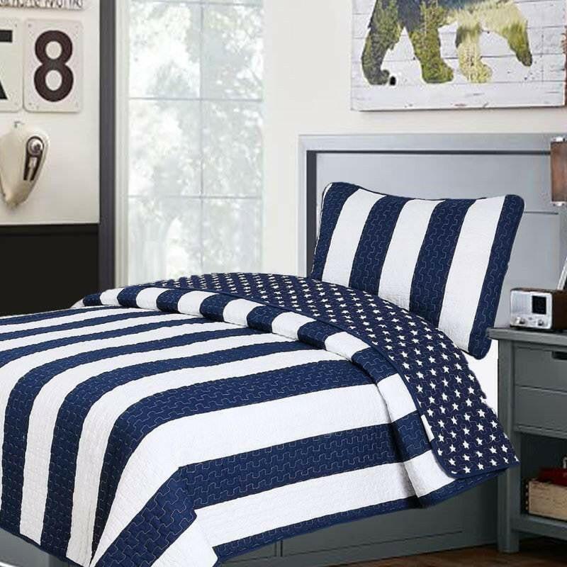 Full/Queen 3 Piece Navy Blue White Stars Stripes 100-Percent Cotton Quilt Set - FurniFindUSA