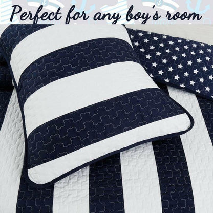 Full/Queen 3 Piece Navy Blue White Stars Stripes 100-Percent Cotton Quilt Set - FurniFindUSA