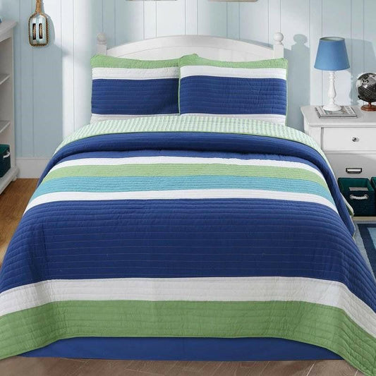 Full/Queen Navy Blue/Green/Teal/White Stripe 100-Percent Cotton Quilt Set - FurniFindUSA