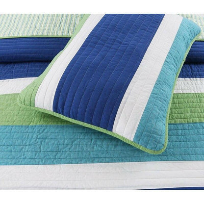 Full/Queen Navy Blue/Green/Teal/White Stripe 100-Percent Cotton Quilt Set - FurniFindUSA