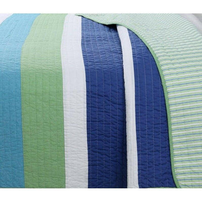 Full/Queen Navy Blue/Green/Teal/White Stripe 100-Percent Cotton Quilt Set - FurniFindUSA