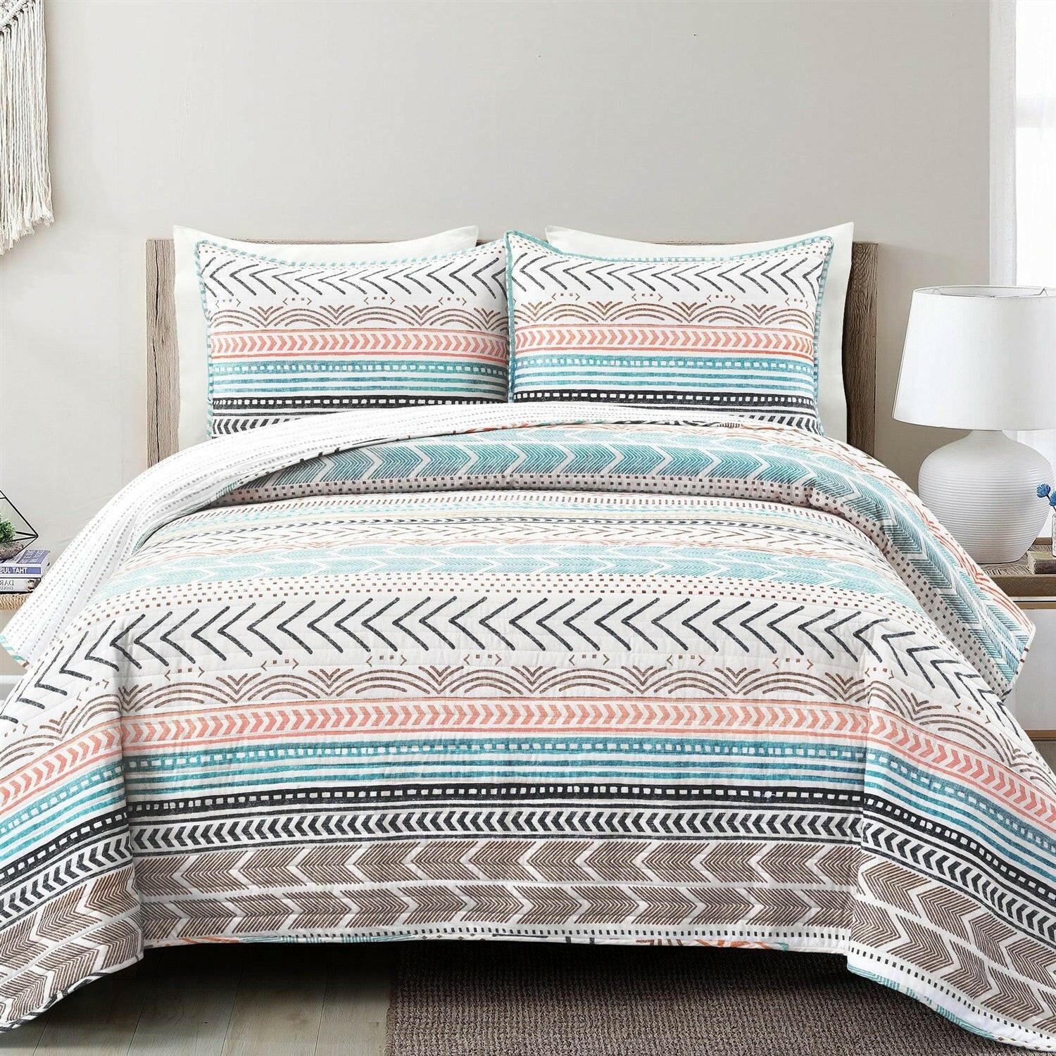 Full/Queen Scandinavian Chevron Teal White Orange Reversible Cotton Quilt Set - FurniFindUSA