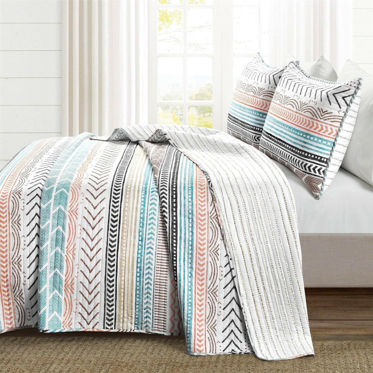 Full/Queen Scandinavian Chevron Teal White Orange Reversible Cotton Quilt Set - FurniFindUSA