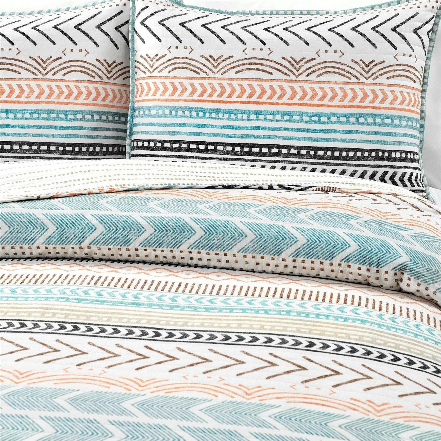 Full/Queen Scandinavian Chevron Teal White Orange Reversible Cotton Quilt Set - FurniFindUSA