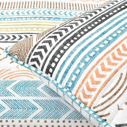 Full/Queen Scandinavian Chevron Teal White Orange Reversible Cotton Quilt Set - FurniFindUSA