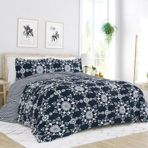 Full/Queen size 3-Piece Navy Blue White Reversible Floral Striped Comforter Set - FurniFindUSA