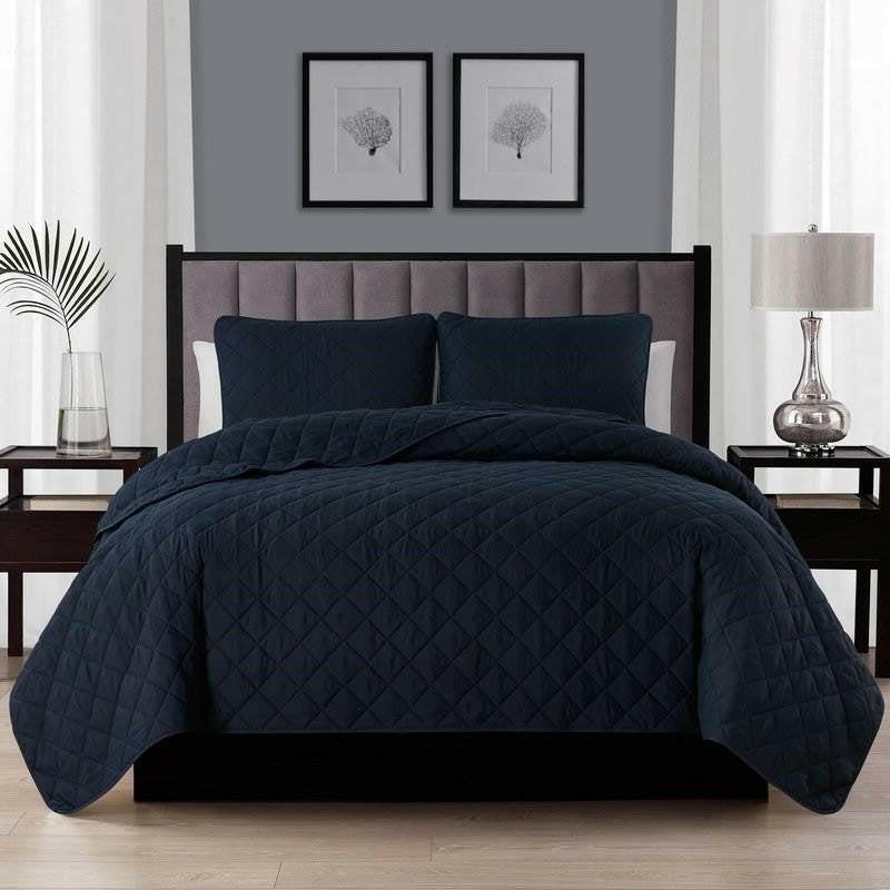 Full Queen 3-Piece Navy Blue Polyester Microfiber Reversible Diamond Quilt Set - FurniFindUSA