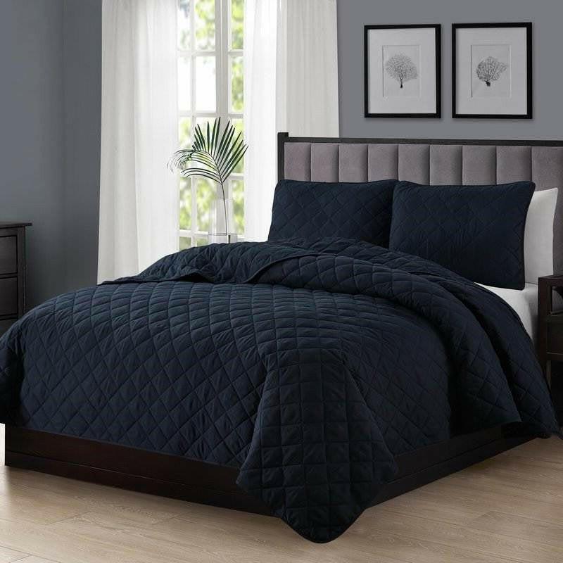 Full Queen 3-Piece Navy Blue Polyester Microfiber Reversible Diamond Quilt Set - FurniFindUSA