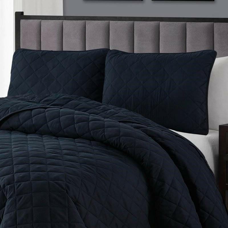 Full Queen 3-Piece Navy Blue Polyester Microfiber Reversible Diamond Quilt Set - FurniFindUSA