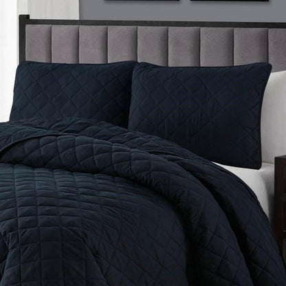 Full Queen 3-Piece Navy Blue Polyester Microfiber Reversible Diamond Quilt Set - FurniFindUSA