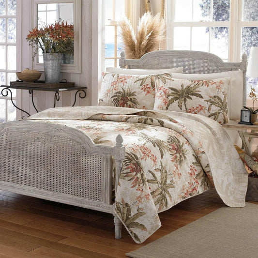 Full / Queen Cotton Coastal Palm Tree Floral 3 Piece Reversible Quilt Set - FurniFindUSA