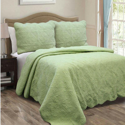 Full Queen Green Cotton Quilt Bedspread with Scalloped Borders - FurniFindUSA